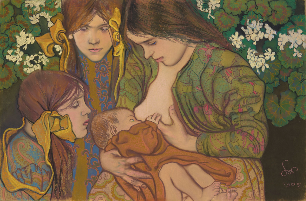 Pastel Macierzyństwo ukazuje żonę artysty oraz jego dzieci syna Stasia i (ujętą dwukrotnie) 10-letnią córkę Helenkę.